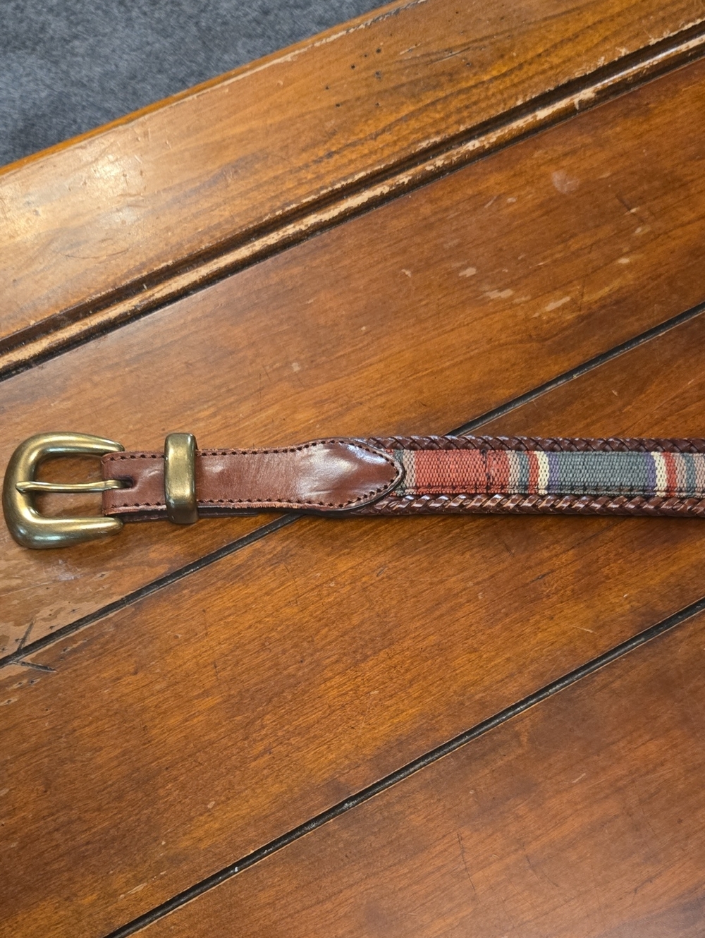 L.L. Bean Brown Leather Belt with Multicolor Fabric Stripe